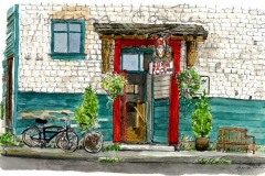 "The Riding Fool Hostel", Cumberland, BC, pen and watercolour