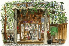 "Billy's Bookstore (Mindful Books)", Hornby Island, pen and watercolour