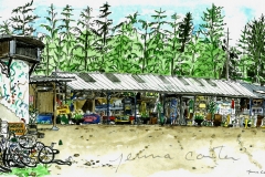 "Hornby Island Recycling Depot (a.k.a The Old Free Store)", Hornby Island, pen and watercolour