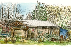 "Small House on Central Road", Hornby Island, pen and watercolour